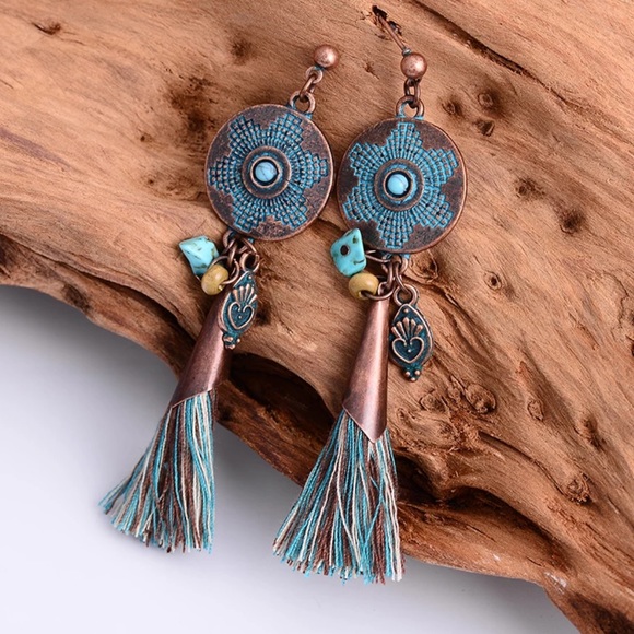 Copper Drop Ethnic Stone Tassel Earrings - Picture 3 of 8